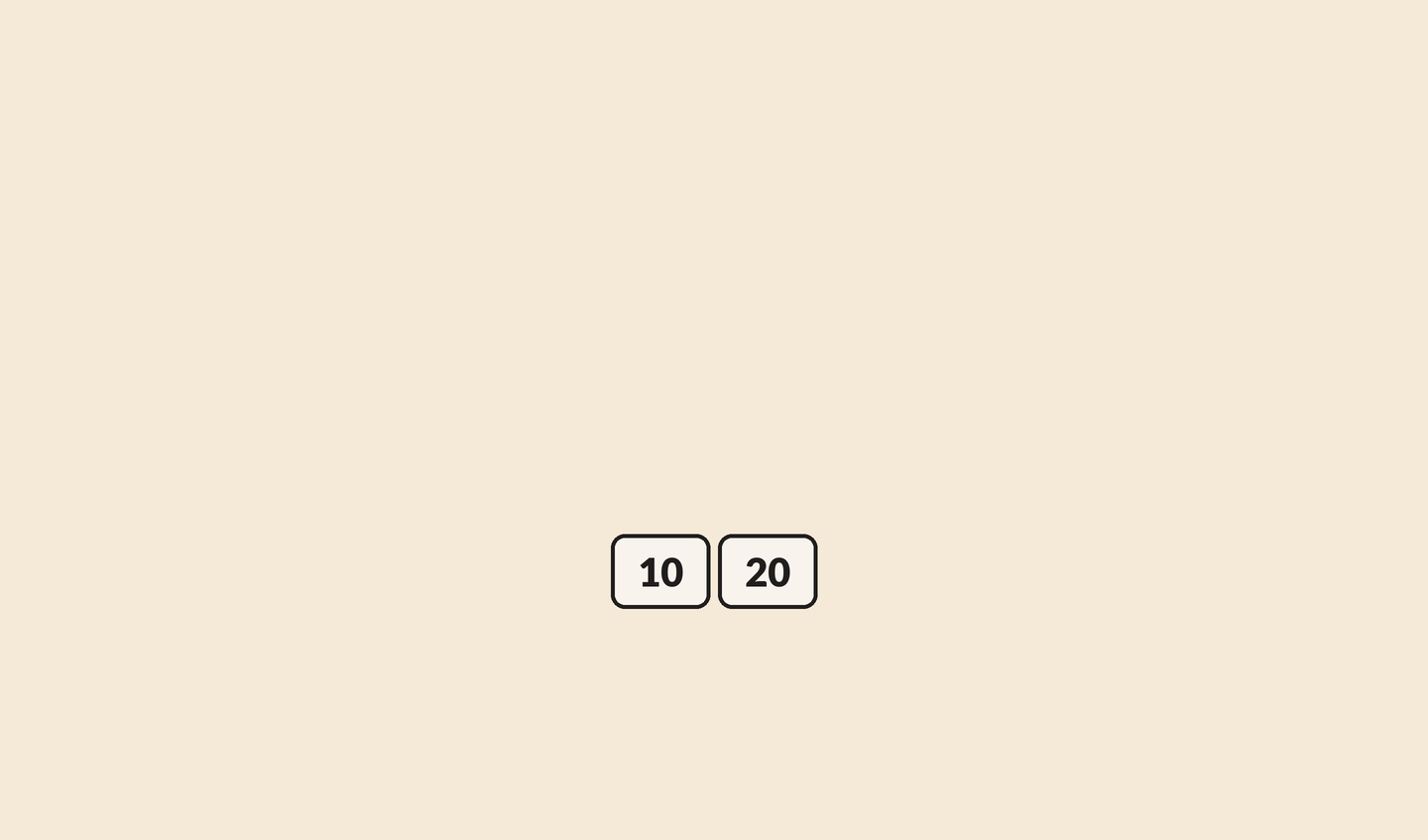 An order-3 B-tree leaf holding 10 and 20. 30 slides in to make an overfull three-key leaf. 20 lifts to become a new root; the leaf splits into 10 on the left and 30 on the right, both still at one depth.